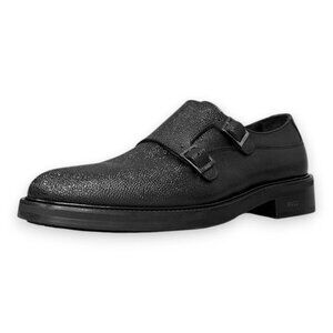 BOSS Larry Monk Strap Shoes Black Pebbled Leather 8.5M Rubber Sole MSRP $299